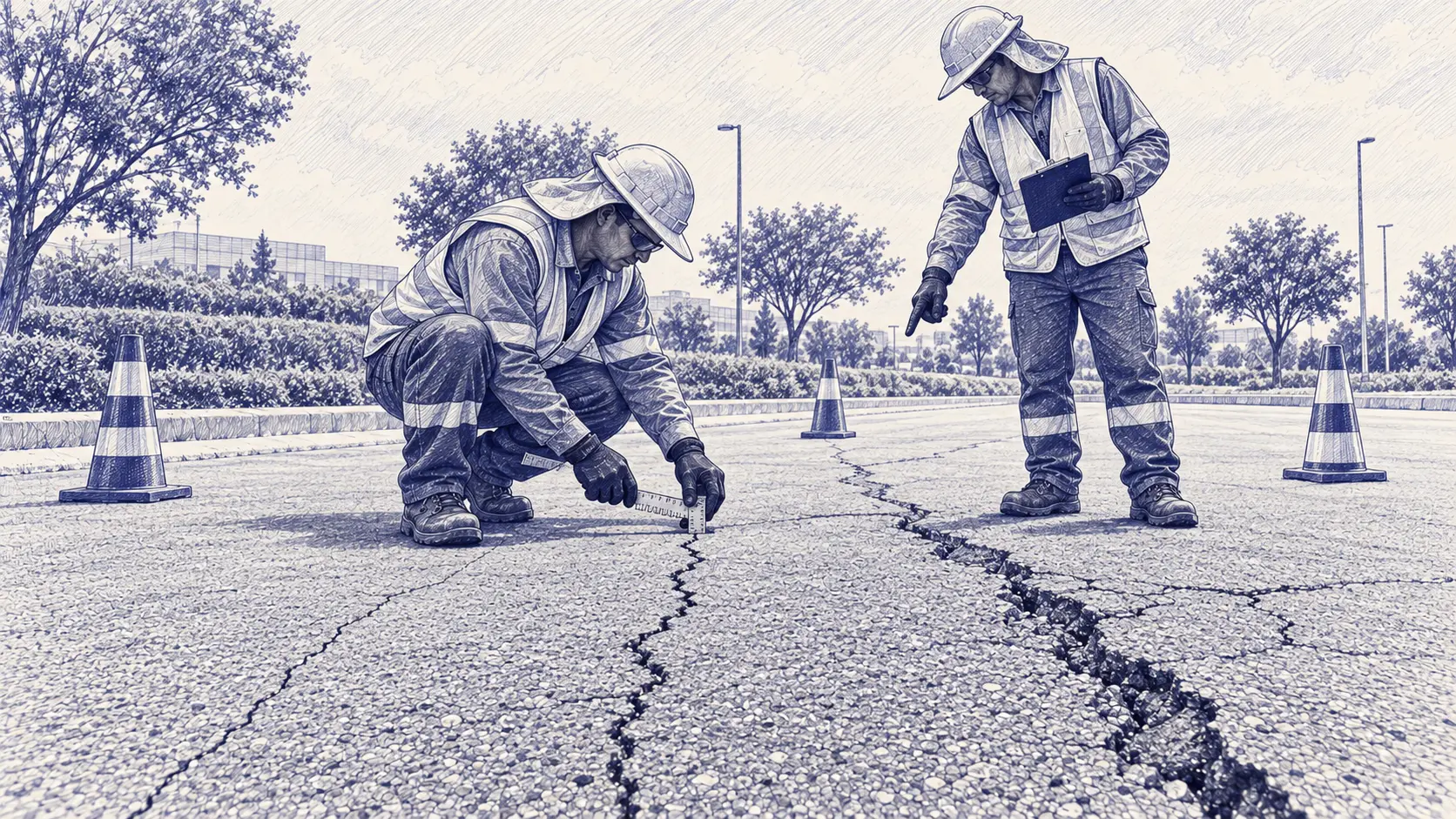 Dos técnicos inspeccionan y miden grietas en un pavimento antes de decidir el tratamiento
