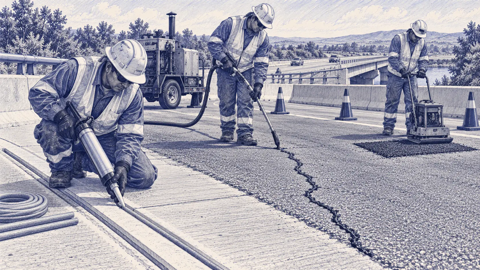 Cuadrilla ejecuta sellado de grietas, reparación de pavimento y trabajos en una junta sobre un puente carretero