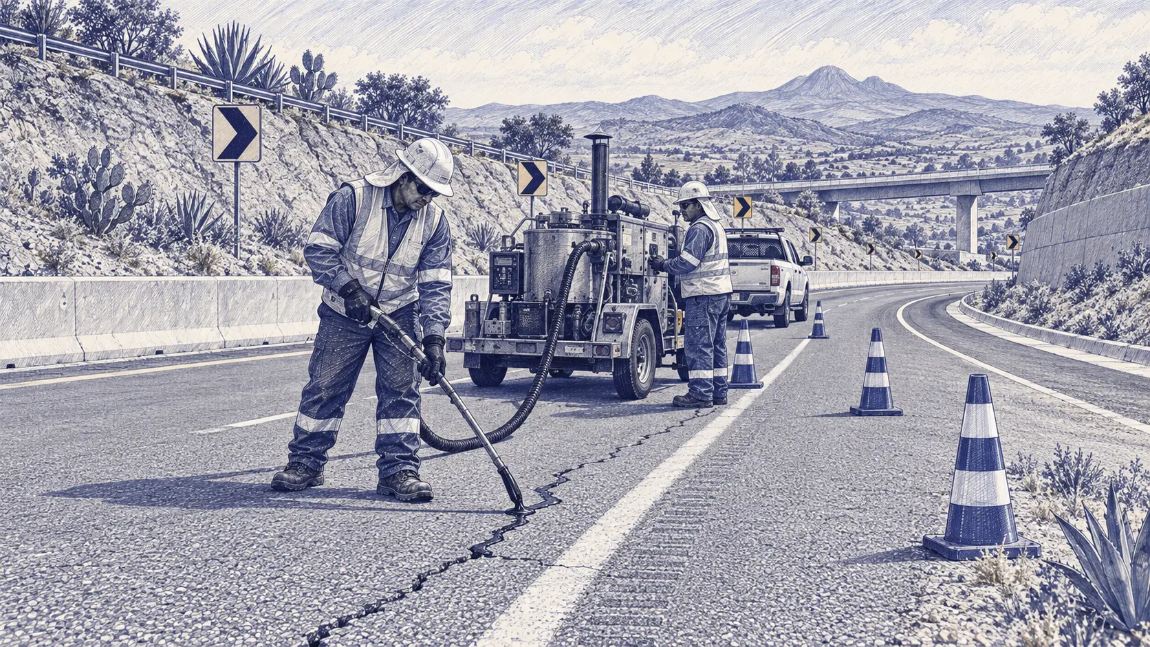 Cuadrilla aplica sellador de grietas en una carretera mexicana con fundidora, conos y equipo de protección